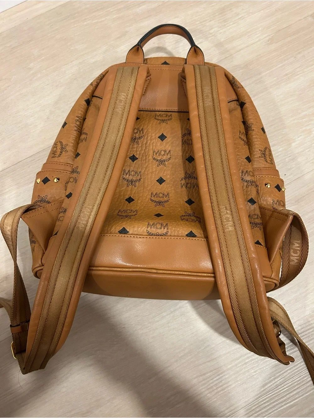 MCM Tan Visetos Studded Mini Backpack with Gold Hardware